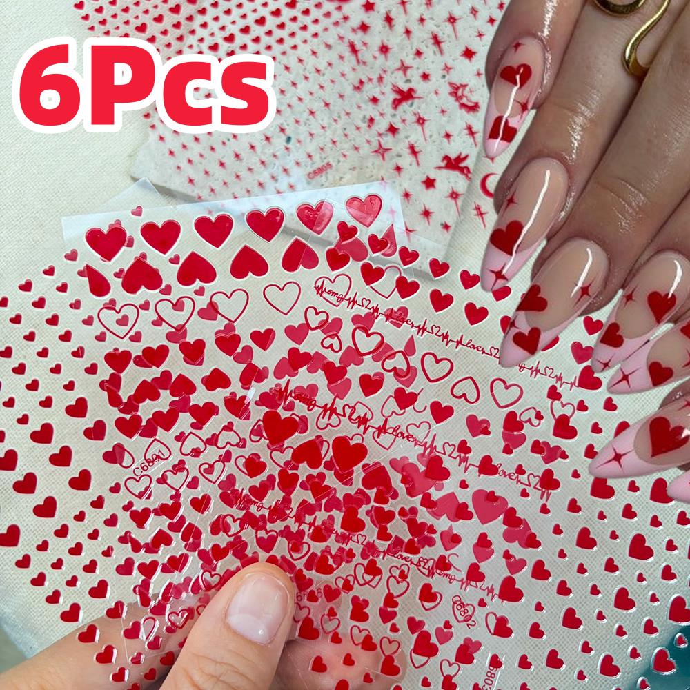 Nail Art Valentines Day - 6 stks/set Rode Liefde-Hart Valentijnsdag Nail