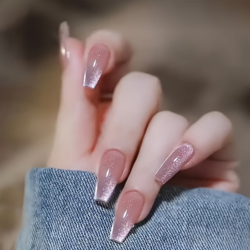 Nail Art Design - 24 stuks sprankelende roze glitter kattenoog-design